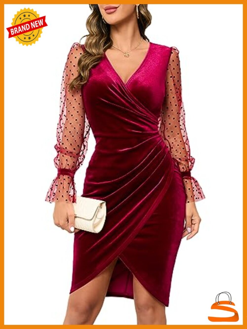 Women's Velvet V Neck Long Sleeve Ruched Bodycon Cocktail Party Dress